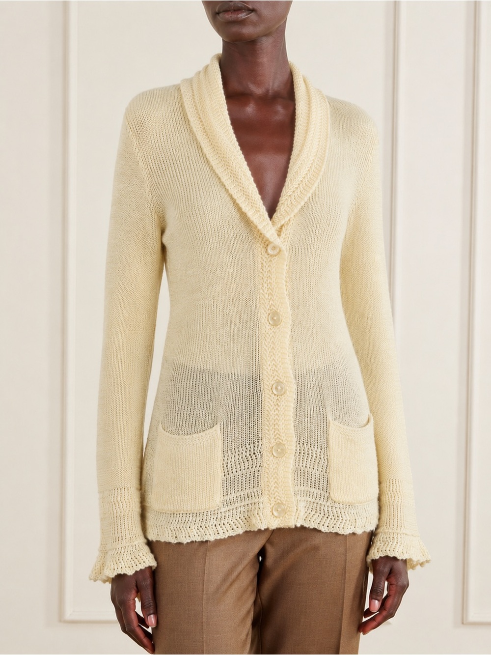 Lauren Ralph Lauren 100% Linen Lace Crochet Knit Shawl Collar Cardigan Sweater M